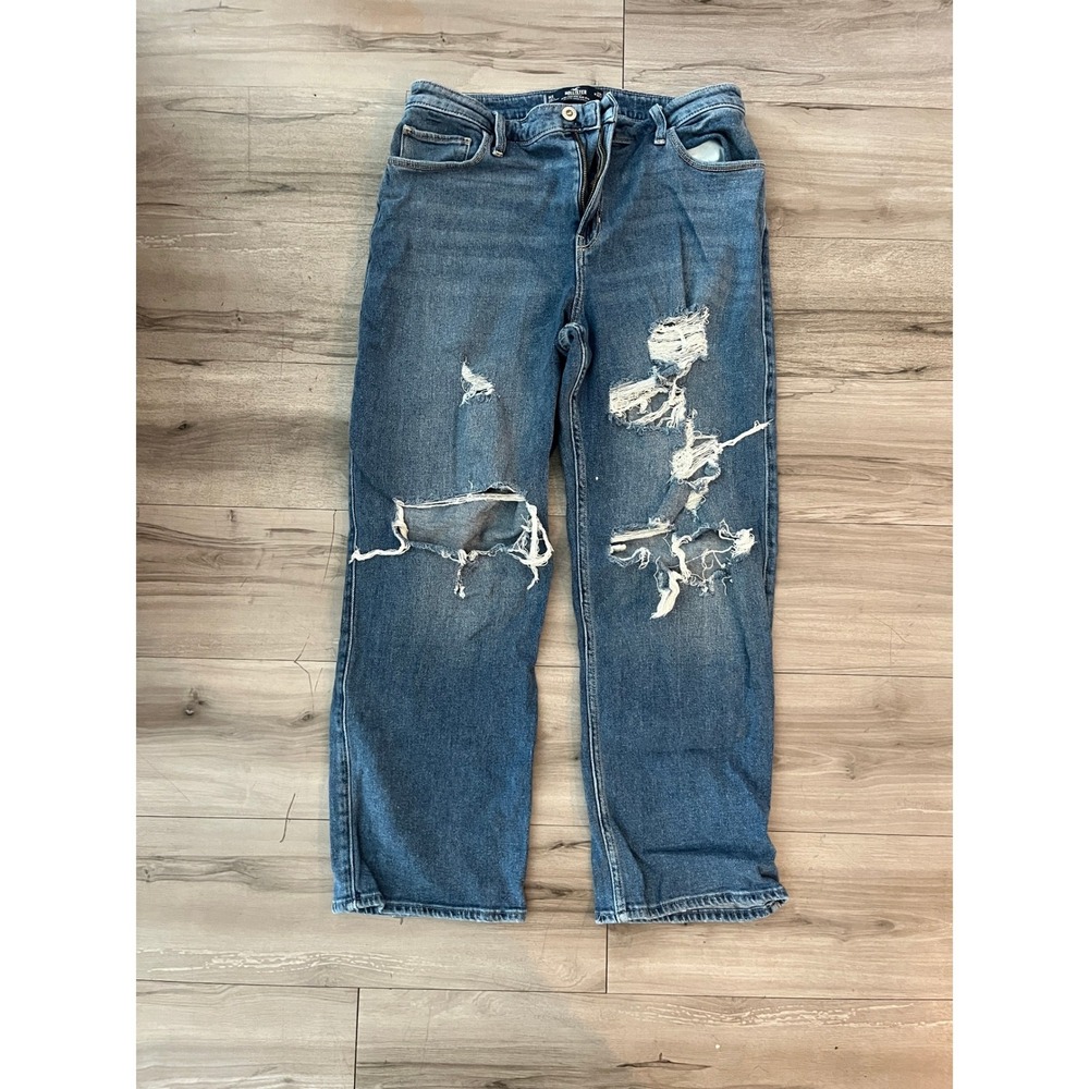 Hollister Ultra High Rise Dad Jeans 14S W32S Distressed‎ Ripped Medium Wash Blue